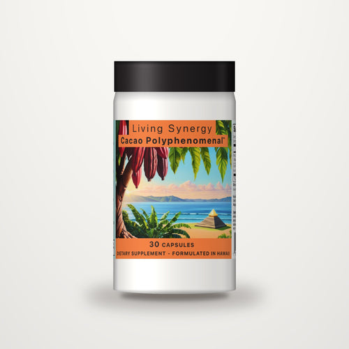 Living Synergy Cacao Polyphenomenal dietary supplement bottle, 30 capsules, formulated in Hawaii
