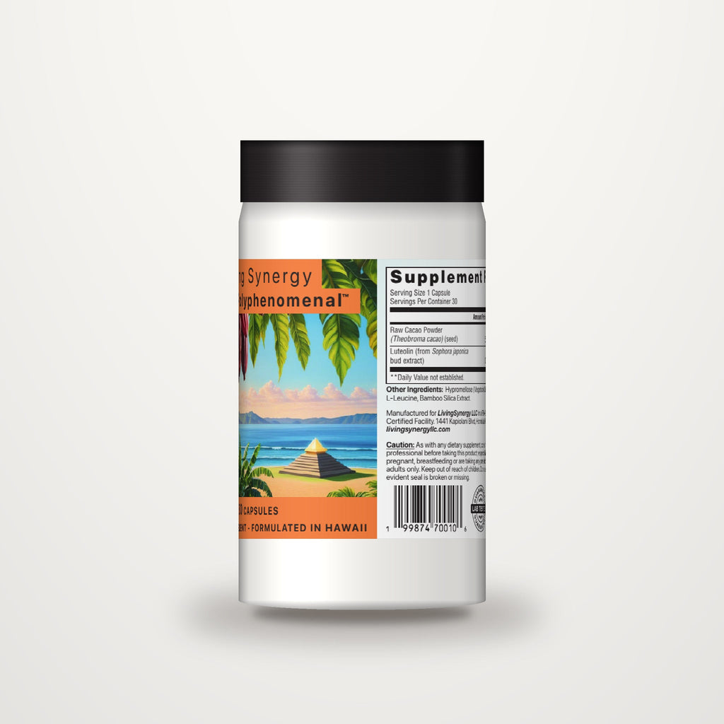 Cacao Polyphenomenal bottle shown at an angle revealing the wrap label