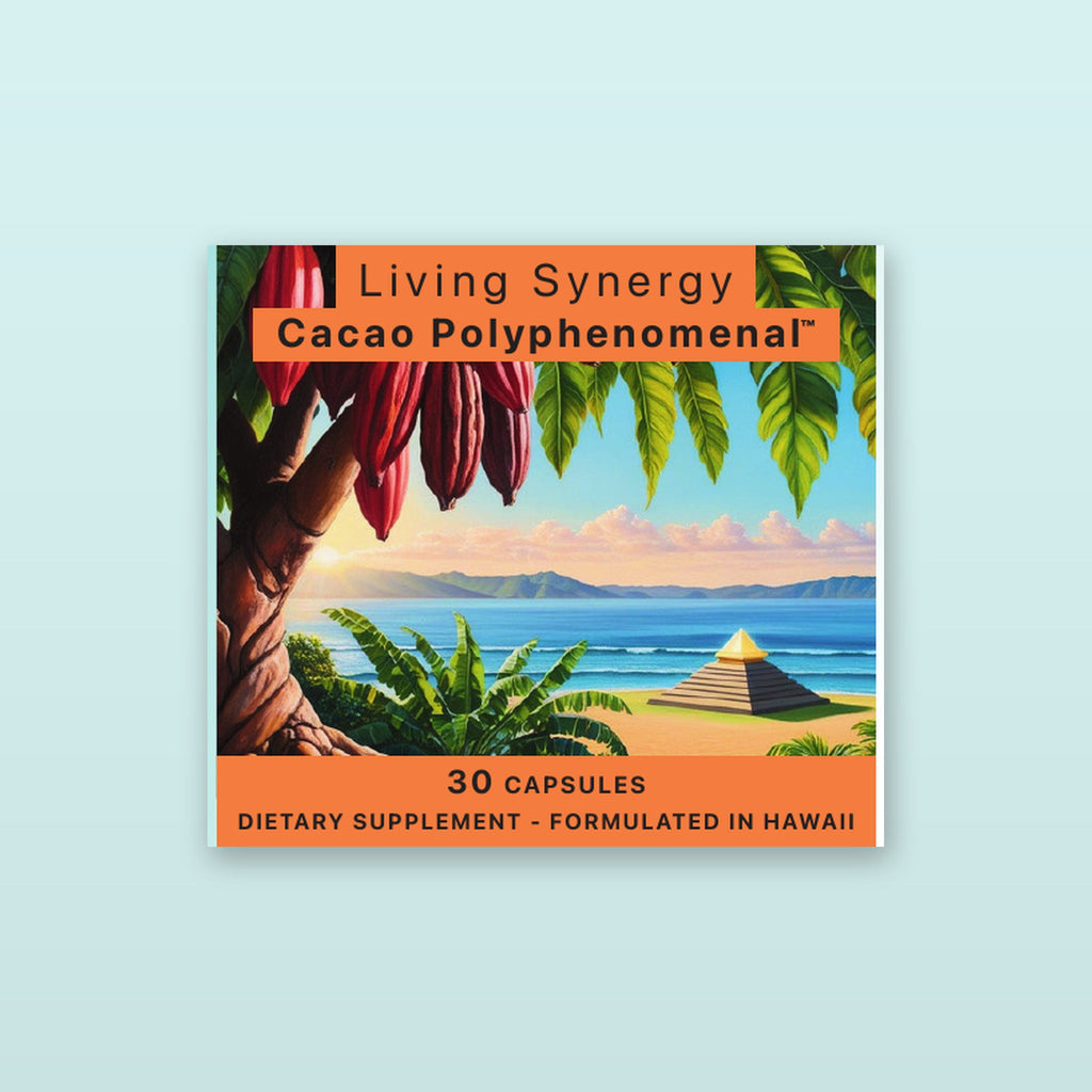 Cacao Polyphenomenal front label artwork with cacao pods and a tropical shoreline at sunrise