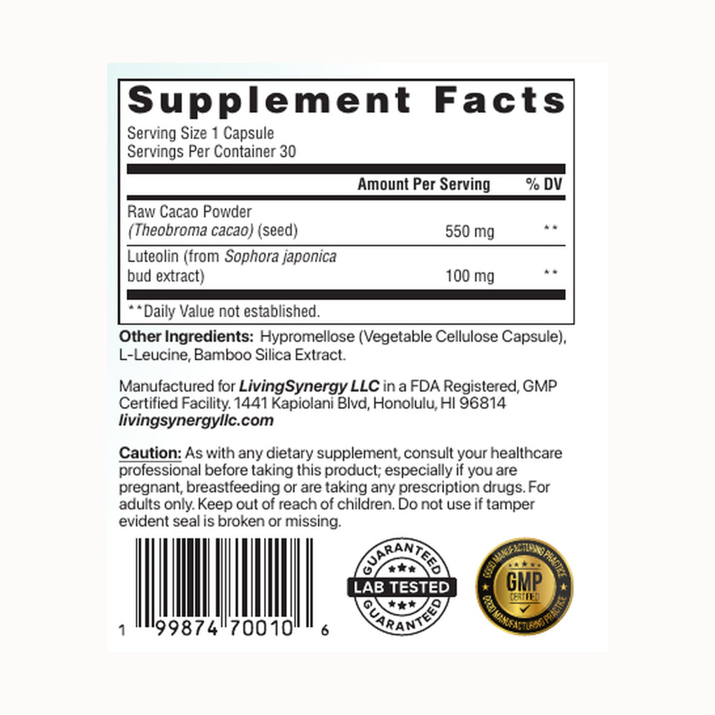 Supplement facts panel: raw cacao powder 550 mg, luteolin from Sophora japonica 100 mg