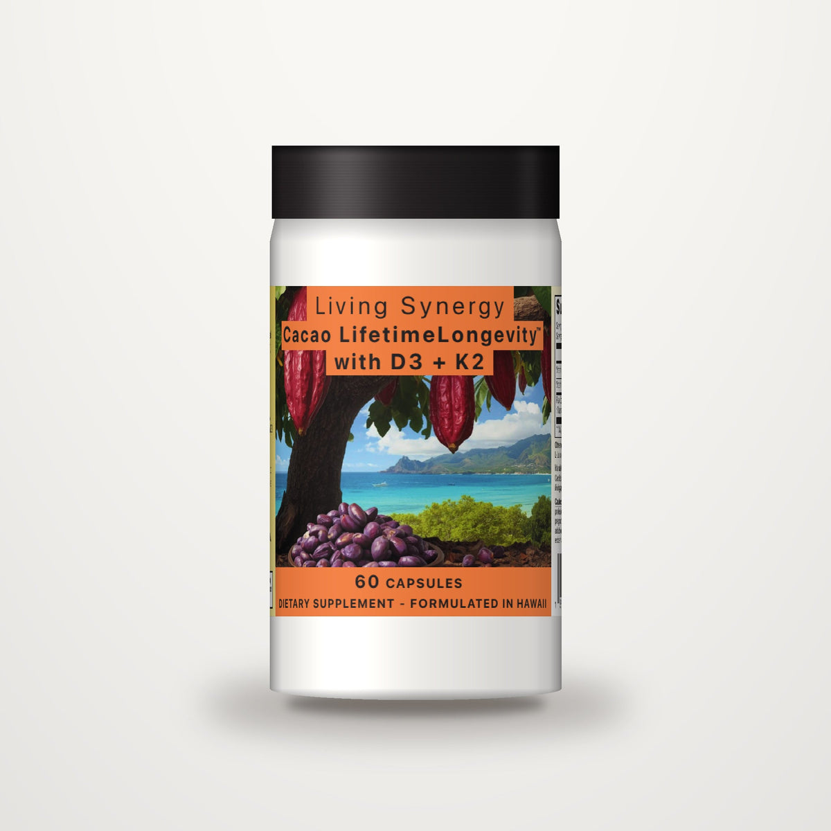 Living Synergy Cacao LifetimeLongevity with D3 and K2 dietary supplement bottle, 60 capsules, formulated in Hawaii
