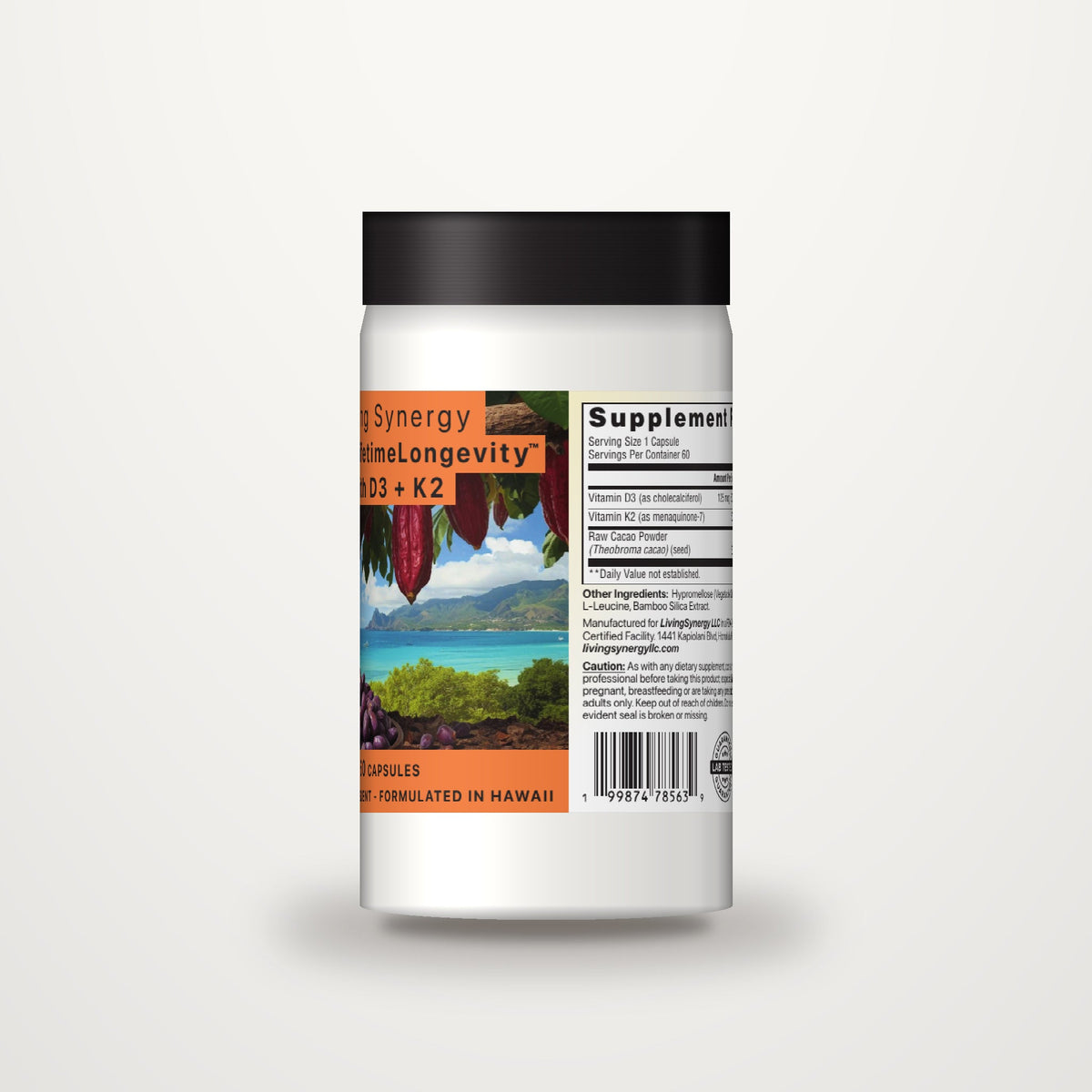 Cacao LifetimeLongevity bottle shown at an angle revealing the wrap label