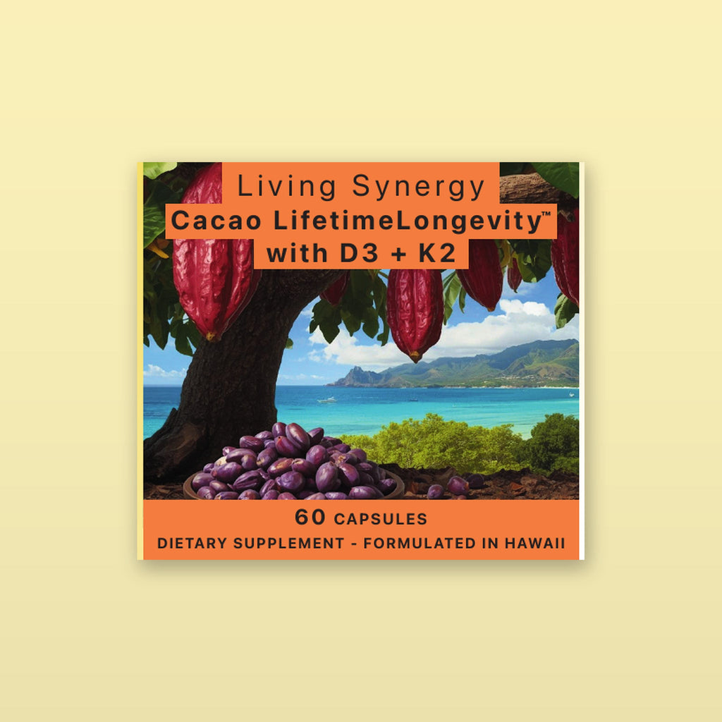 Cacao LifetimeLongevity front label artwork with cacao pods and Hawaiian coastline
