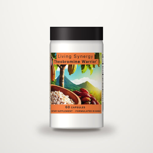 Living Synergy Theobromine Warrior dietary supplement bottle, 60 capsules, formulated in Hawaii