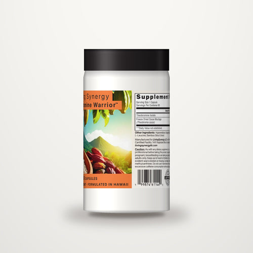 Theobromine Warrior bottle shown at an angle revealing the wrap label