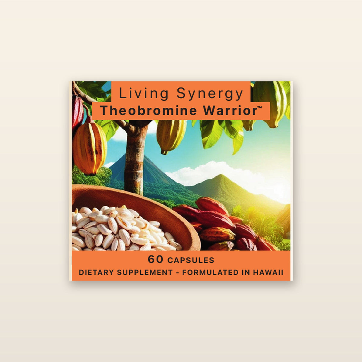 Theobromine Warrior front label artwork with cacao pods and a volcanic tropical landscape